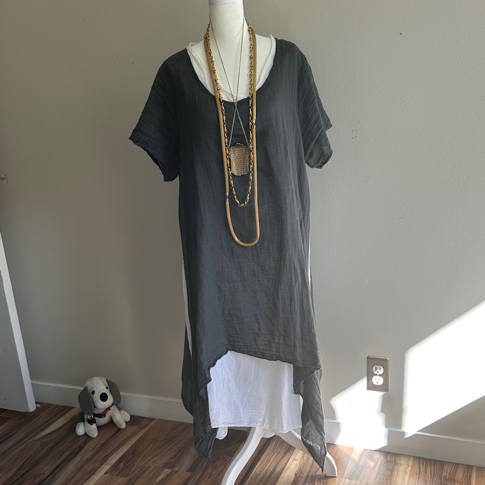 Grey and White Layered Linen Dress
